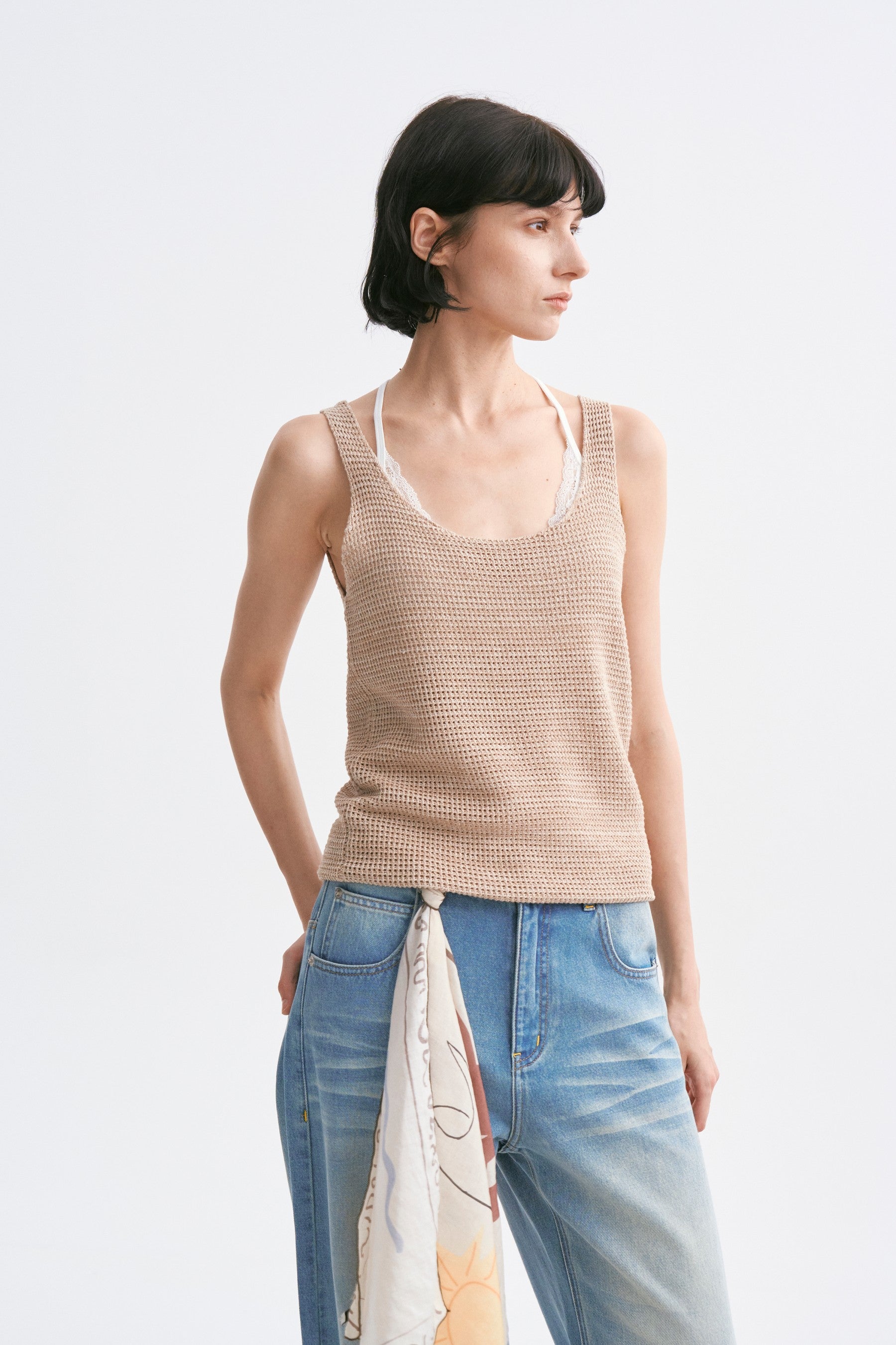 Mixed-yarn Chunky Texture Knit Vest Khaki