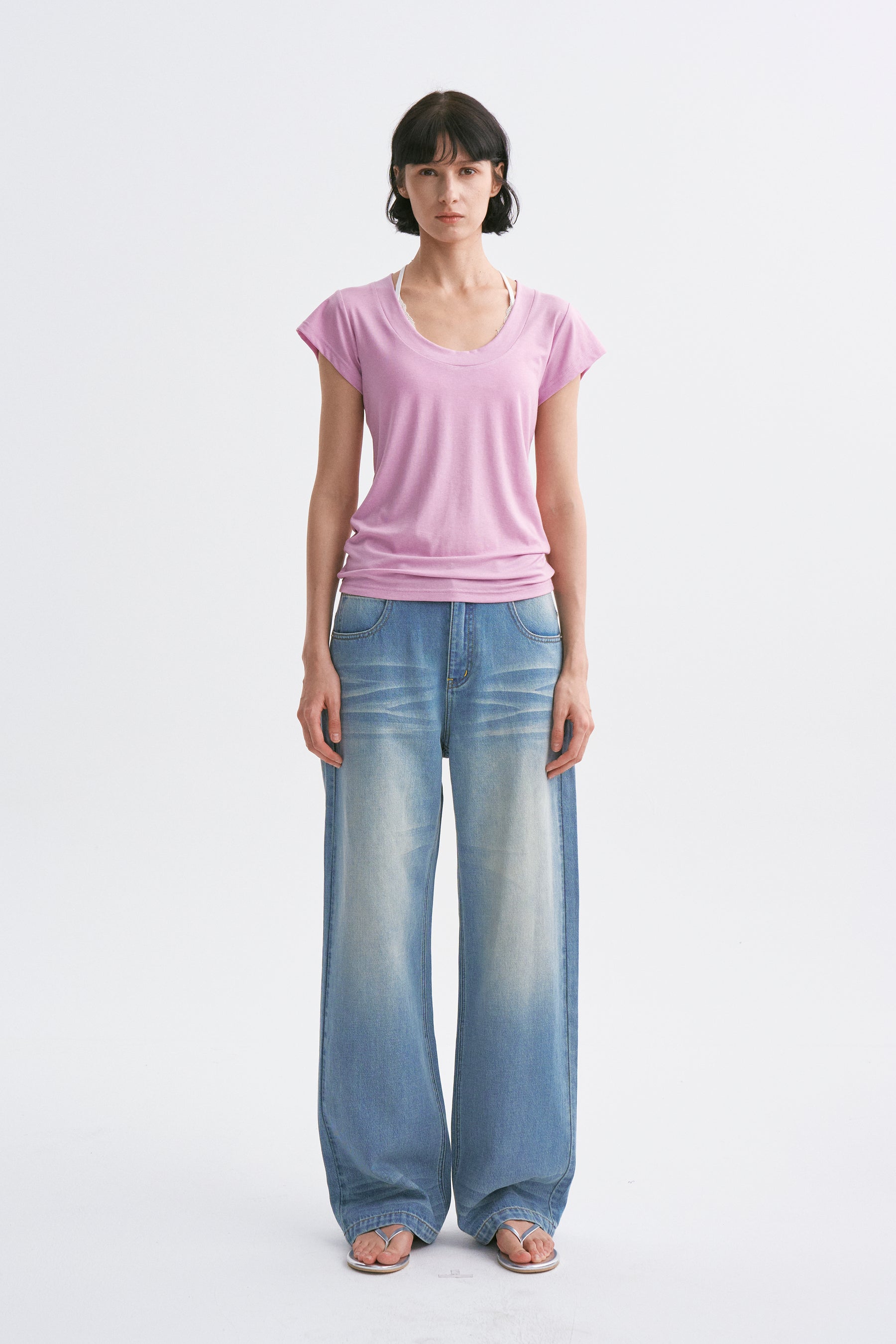 Deep U-Neck Loose Dolman Sleeve T-Shirt Mauve