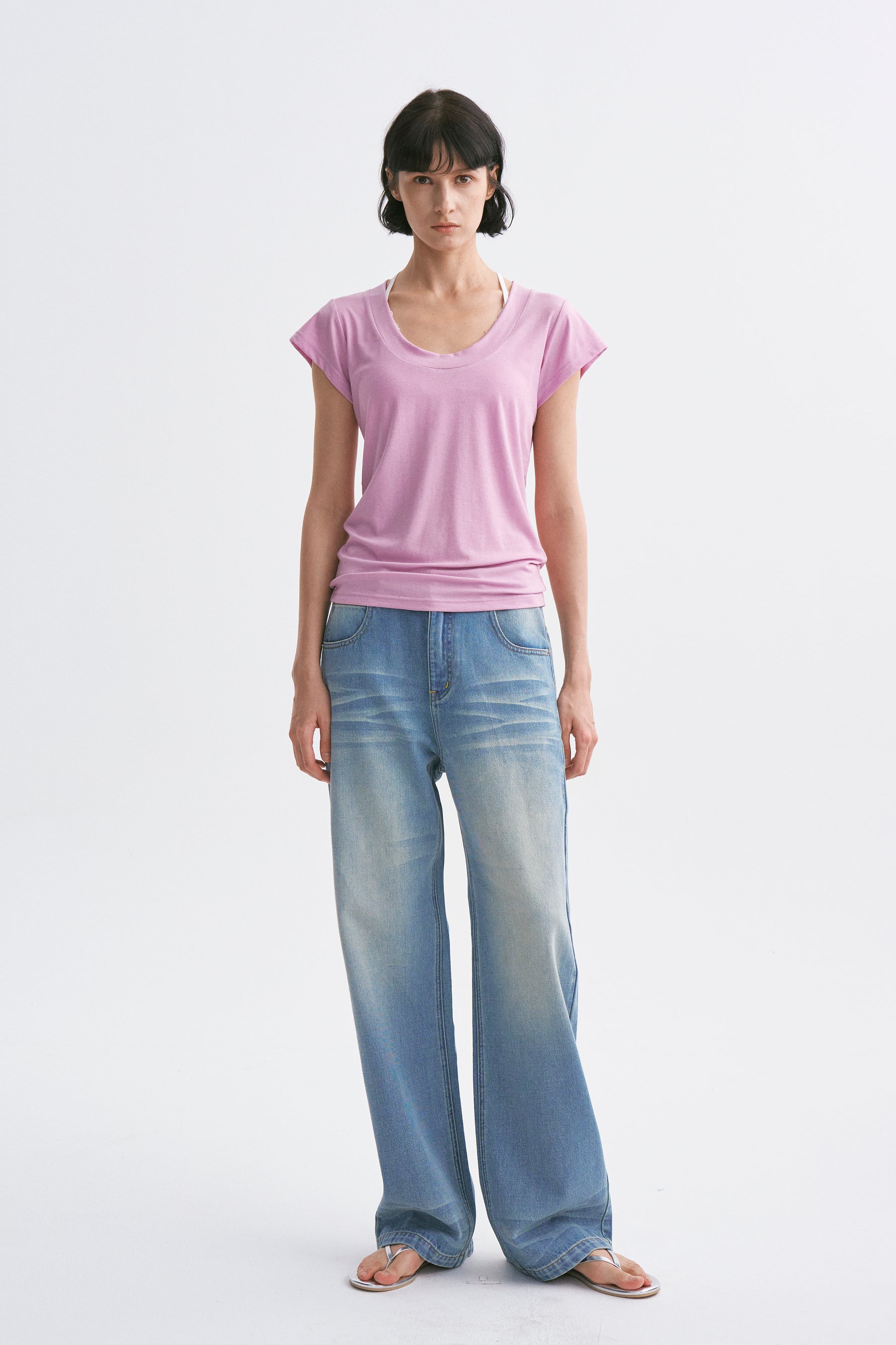 Deep U-Neck Loose Dolman Sleeve T-Shirt Mauve