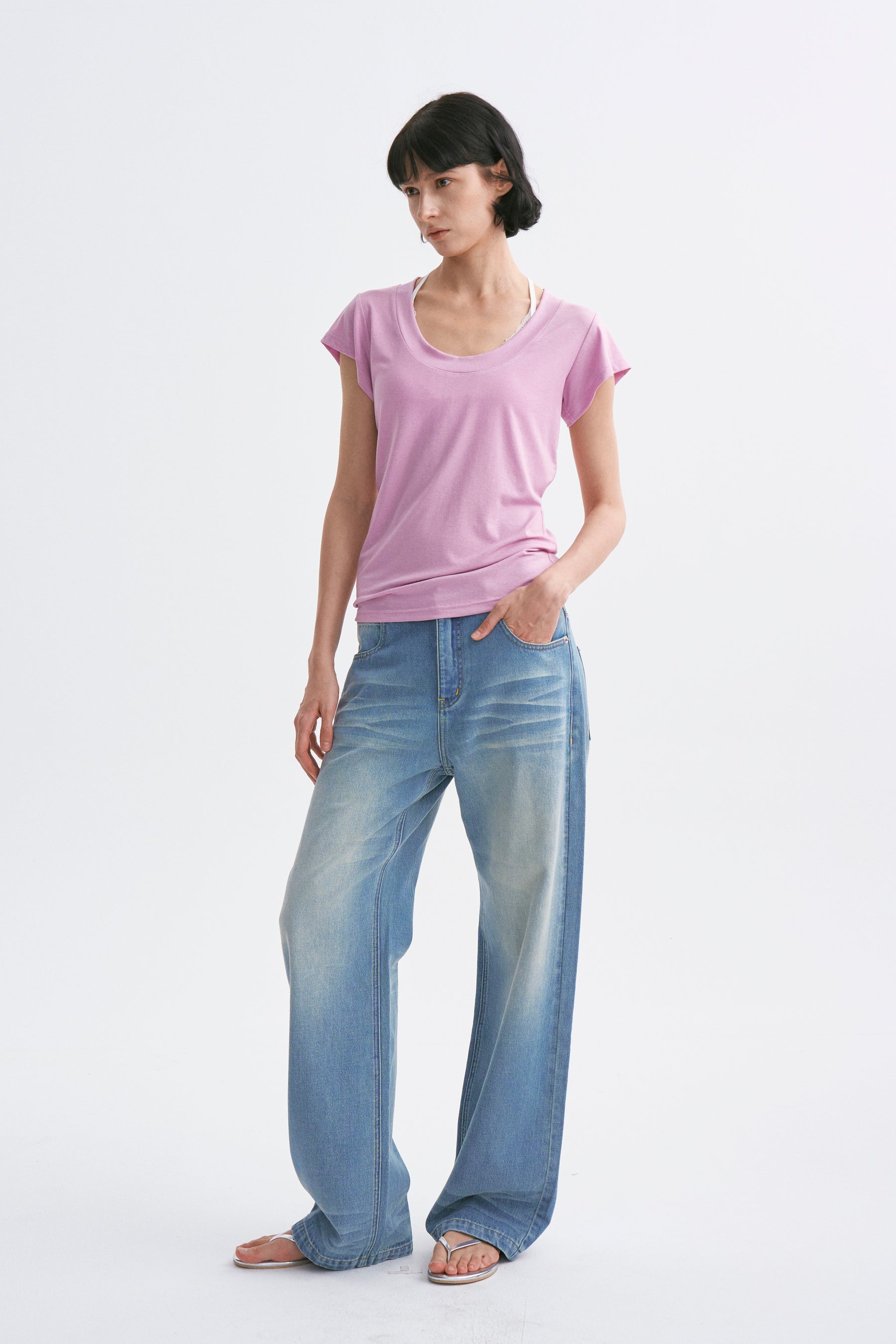 Deep U-Neck Loose Dolman Sleeve T-Shirt Mauve