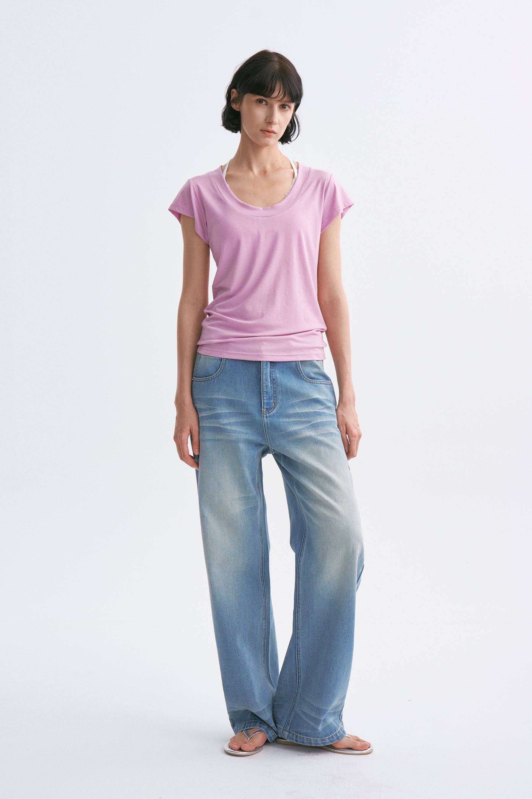 Deep U-Neck Loose Dolman Sleeve T-Shirt Mauve