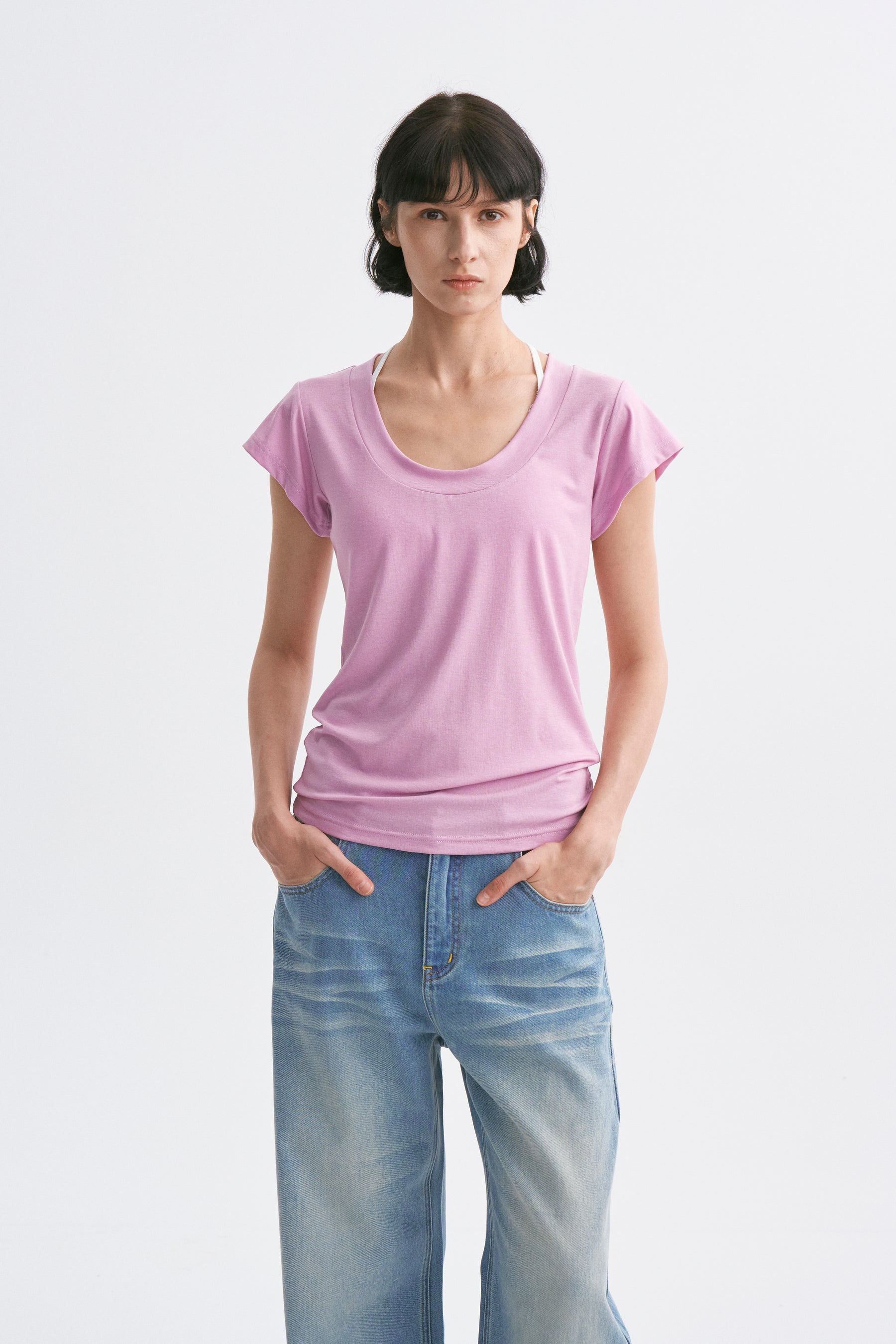 Deep U-Neck Loose Dolman Sleeve T-Shirt Mauve