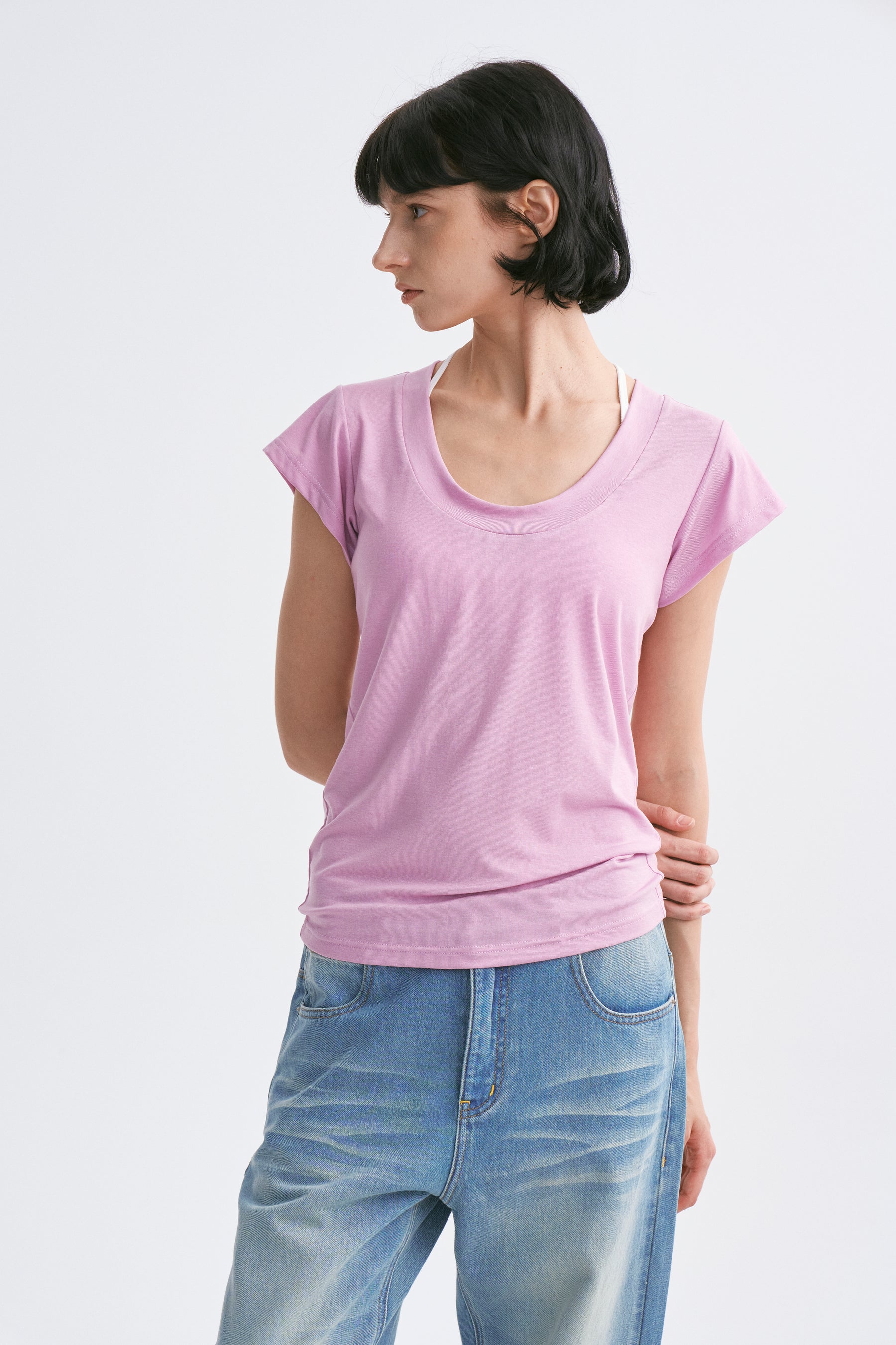 Deep U-Neck Loose Dolman Sleeve T-Shirt Mauve