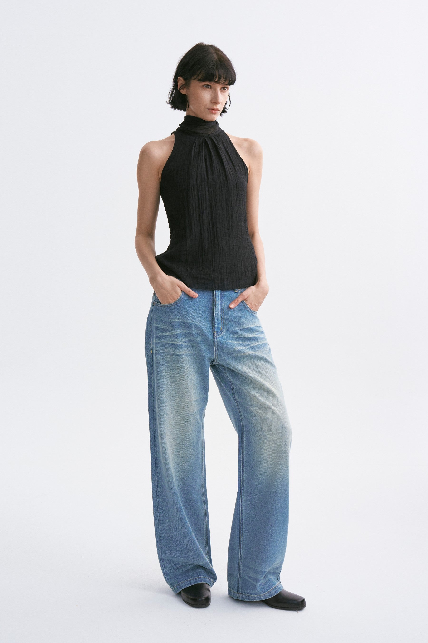 Stand Collar Wrap Tie Sleeveless Top Black