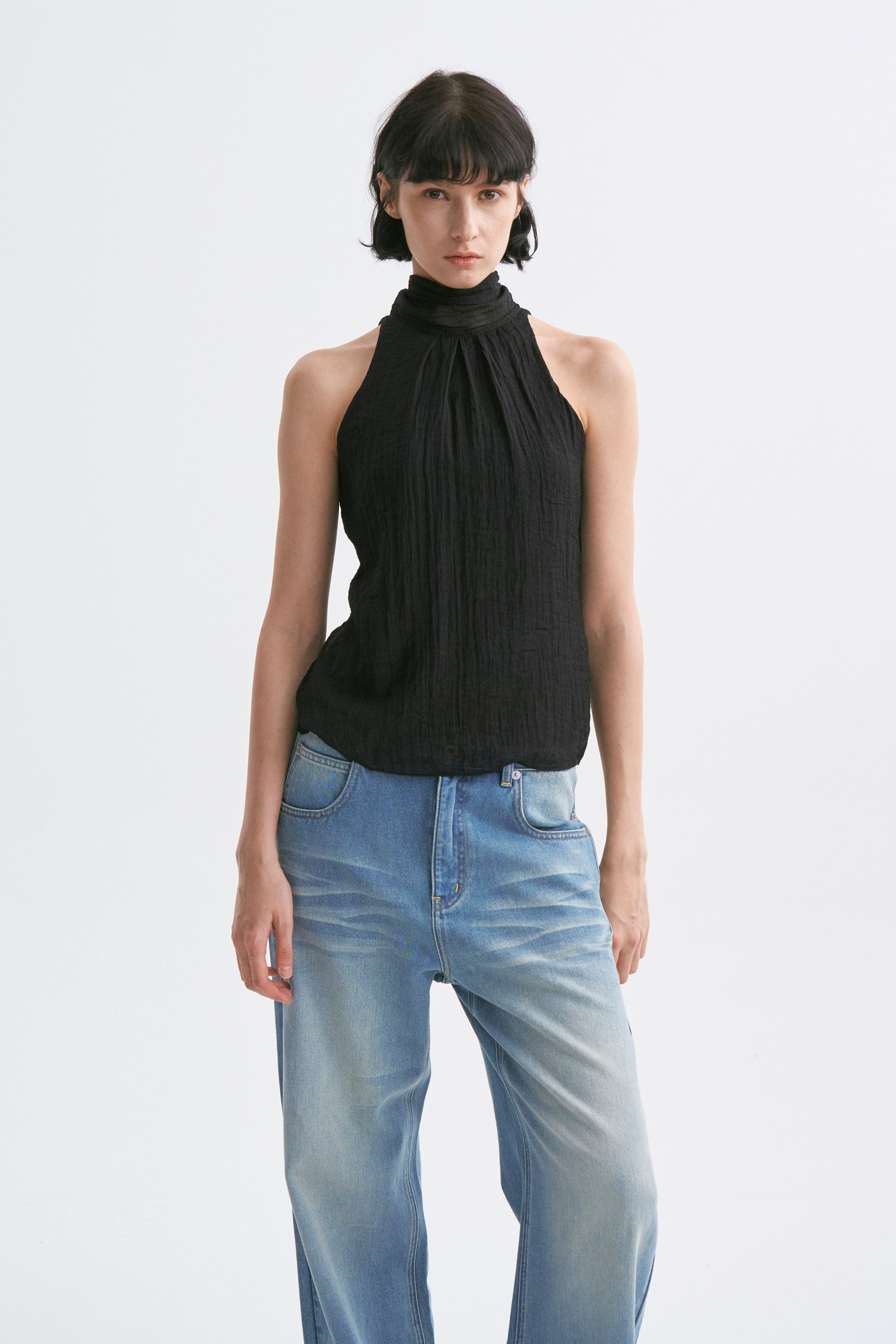 Stand Collar Wrap Tie Sleeveless Top Black