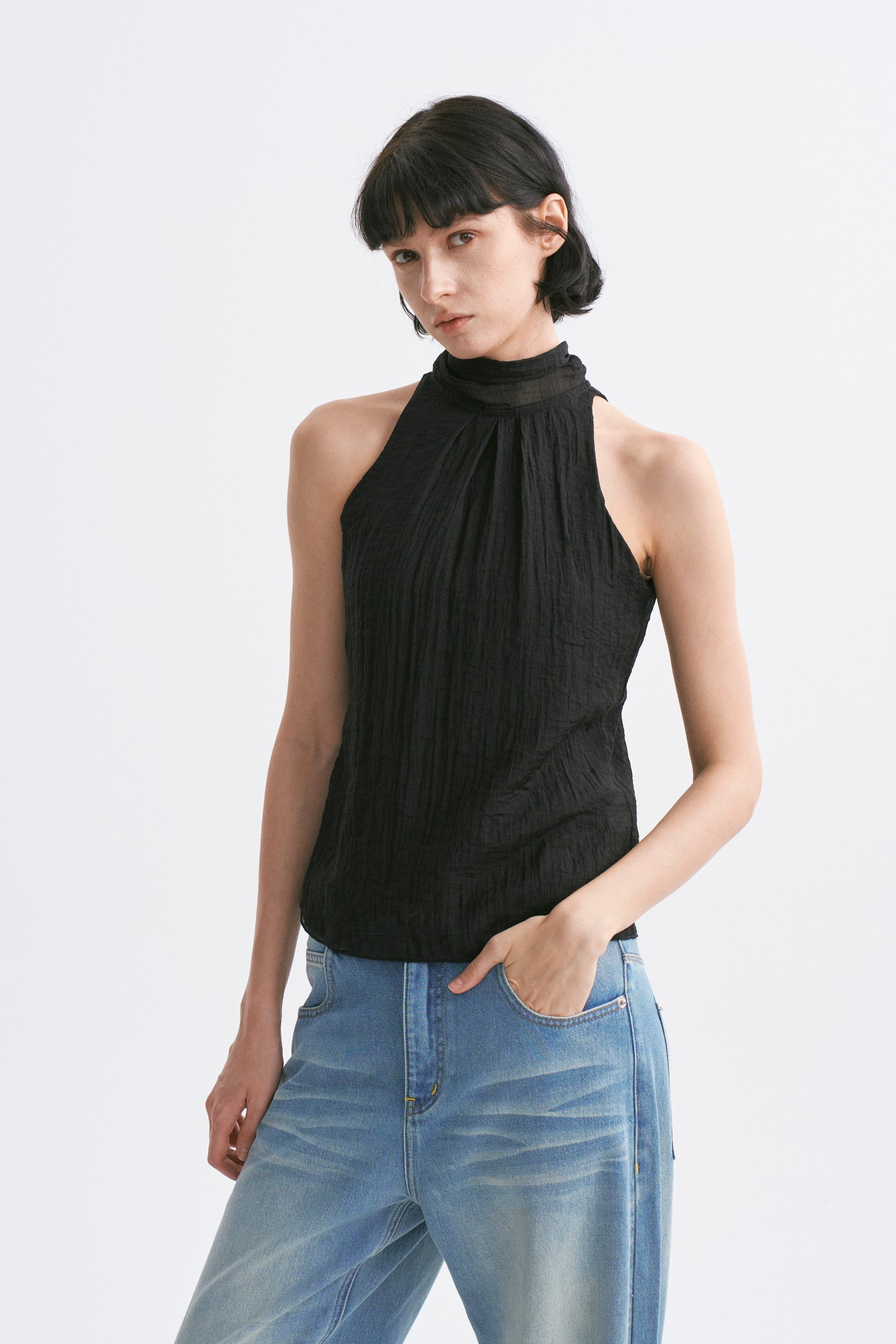 Stand Collar Wrap Tie Sleeveless Top Black
