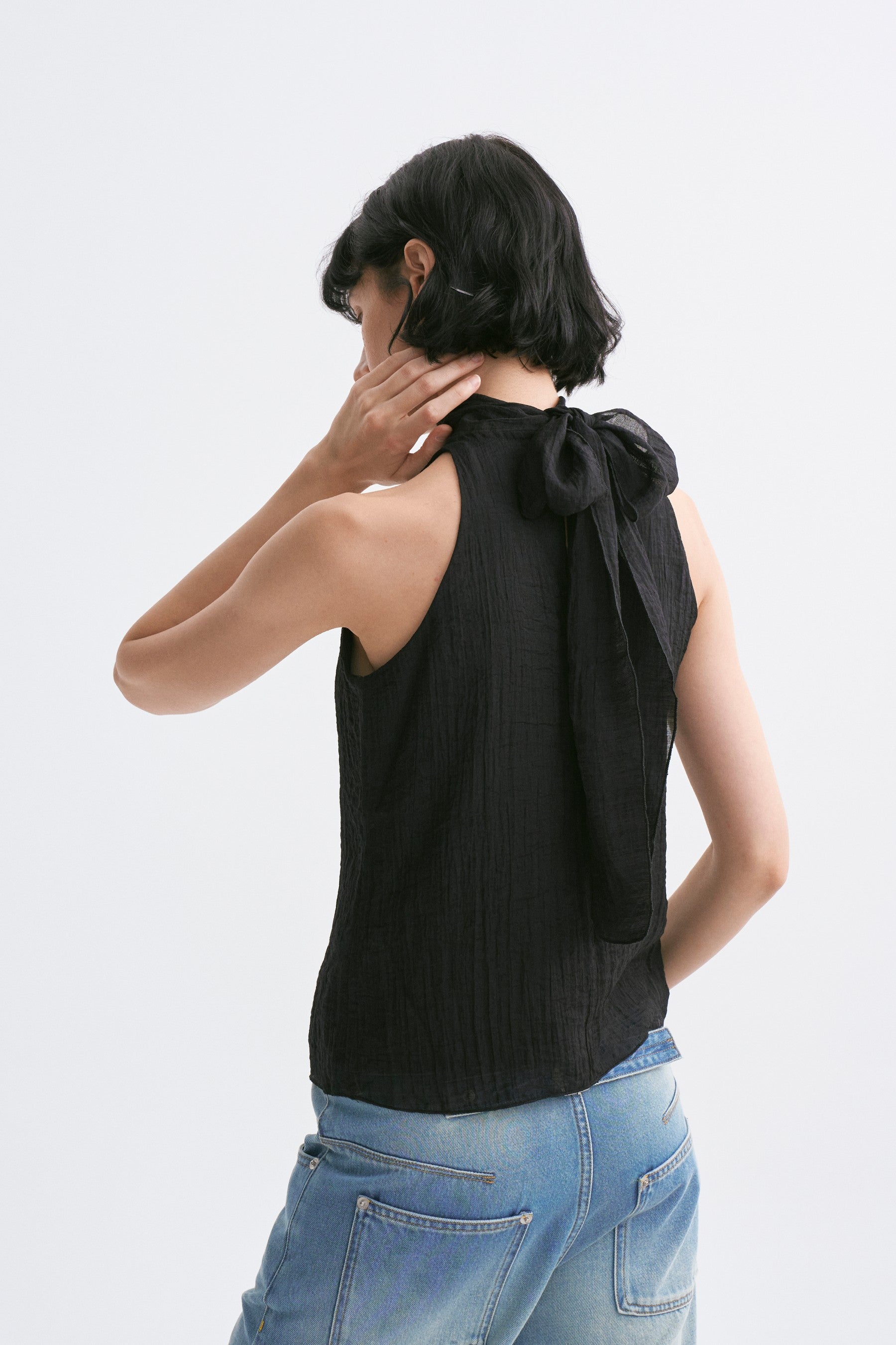 Stand Collar Wrap Tie Sleeveless Top Black