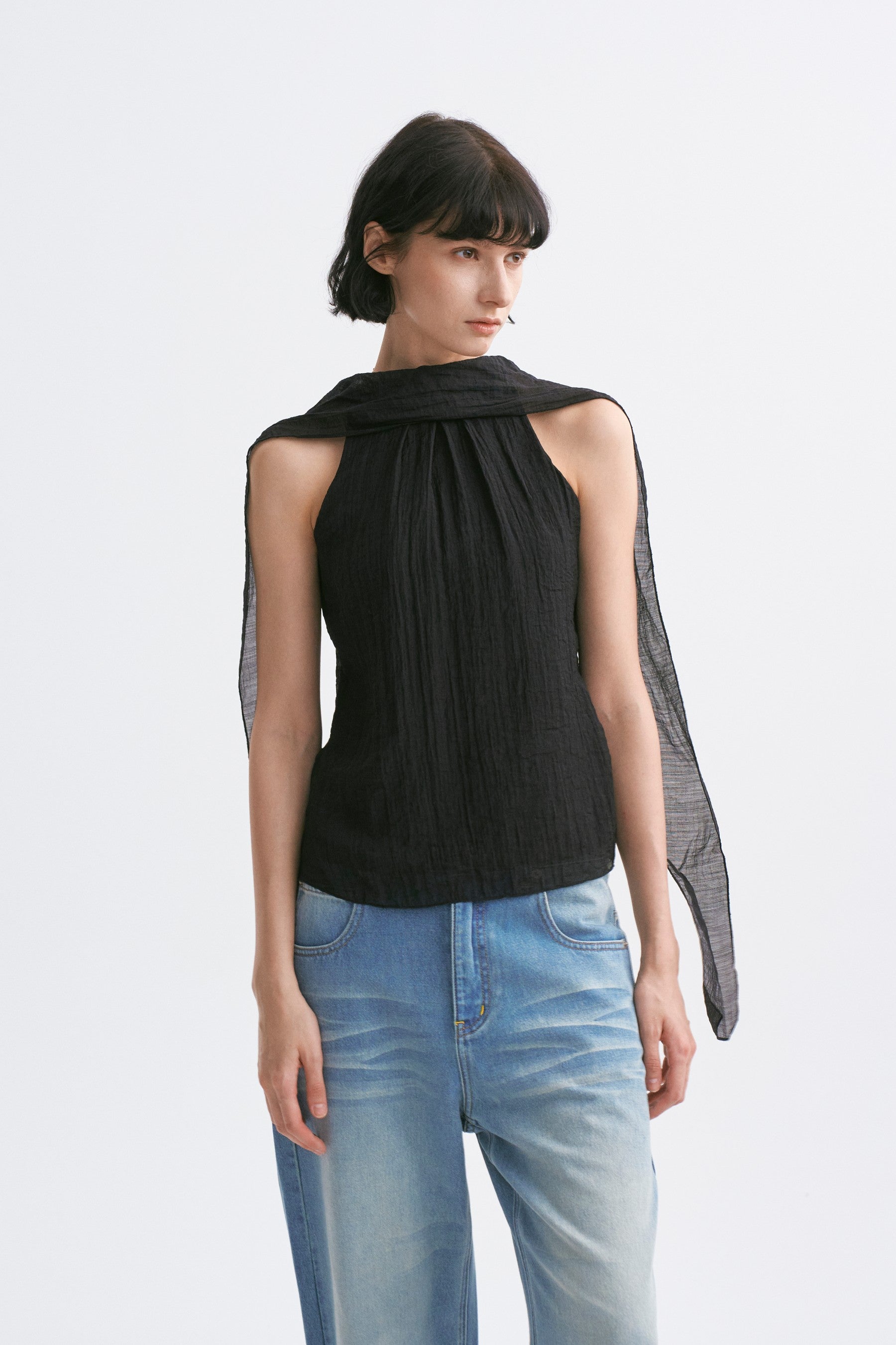 Stand Collar Wrap Tie Sleeveless Top Black