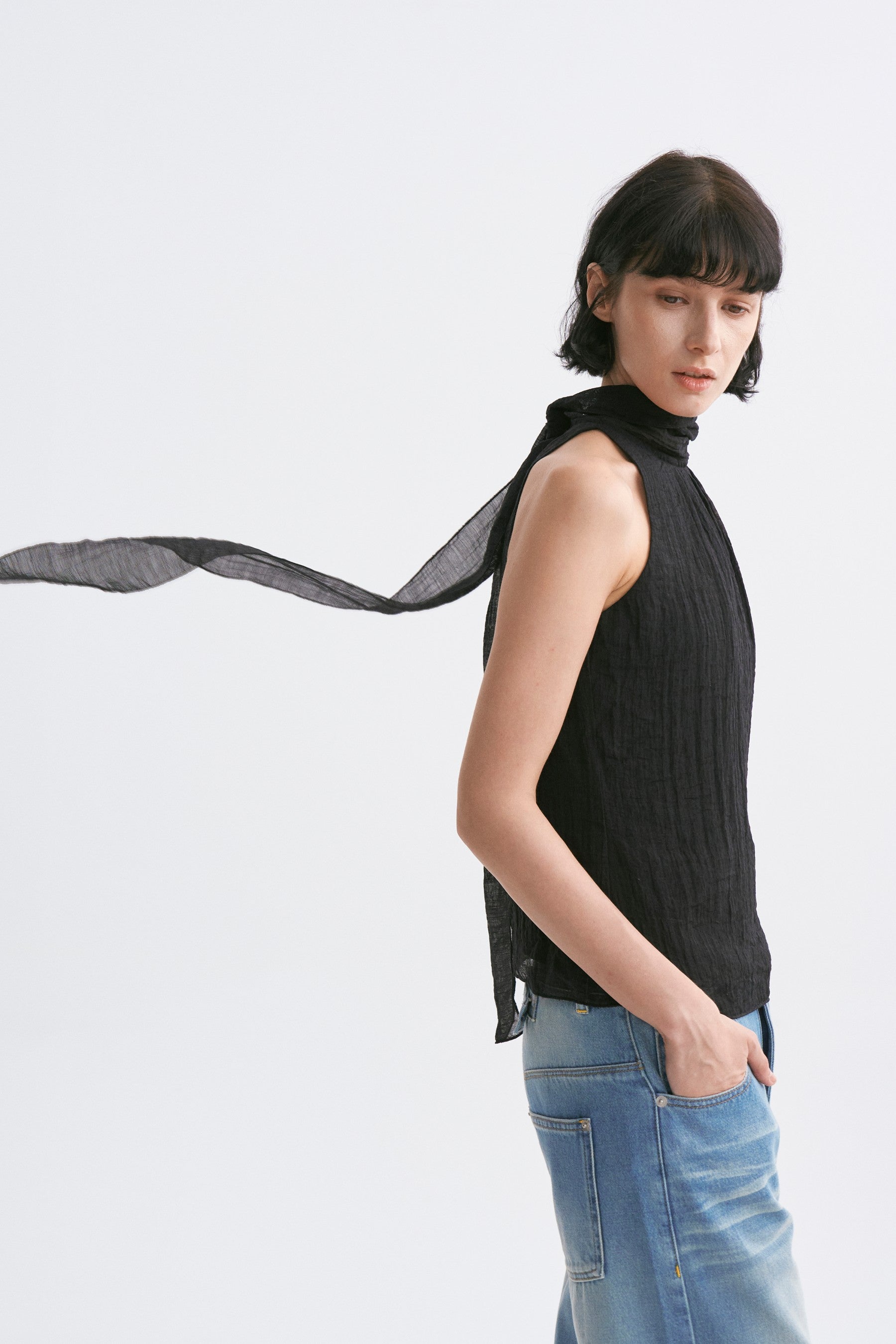 Stand Collar Wrap Tie Sleeveless Top Black