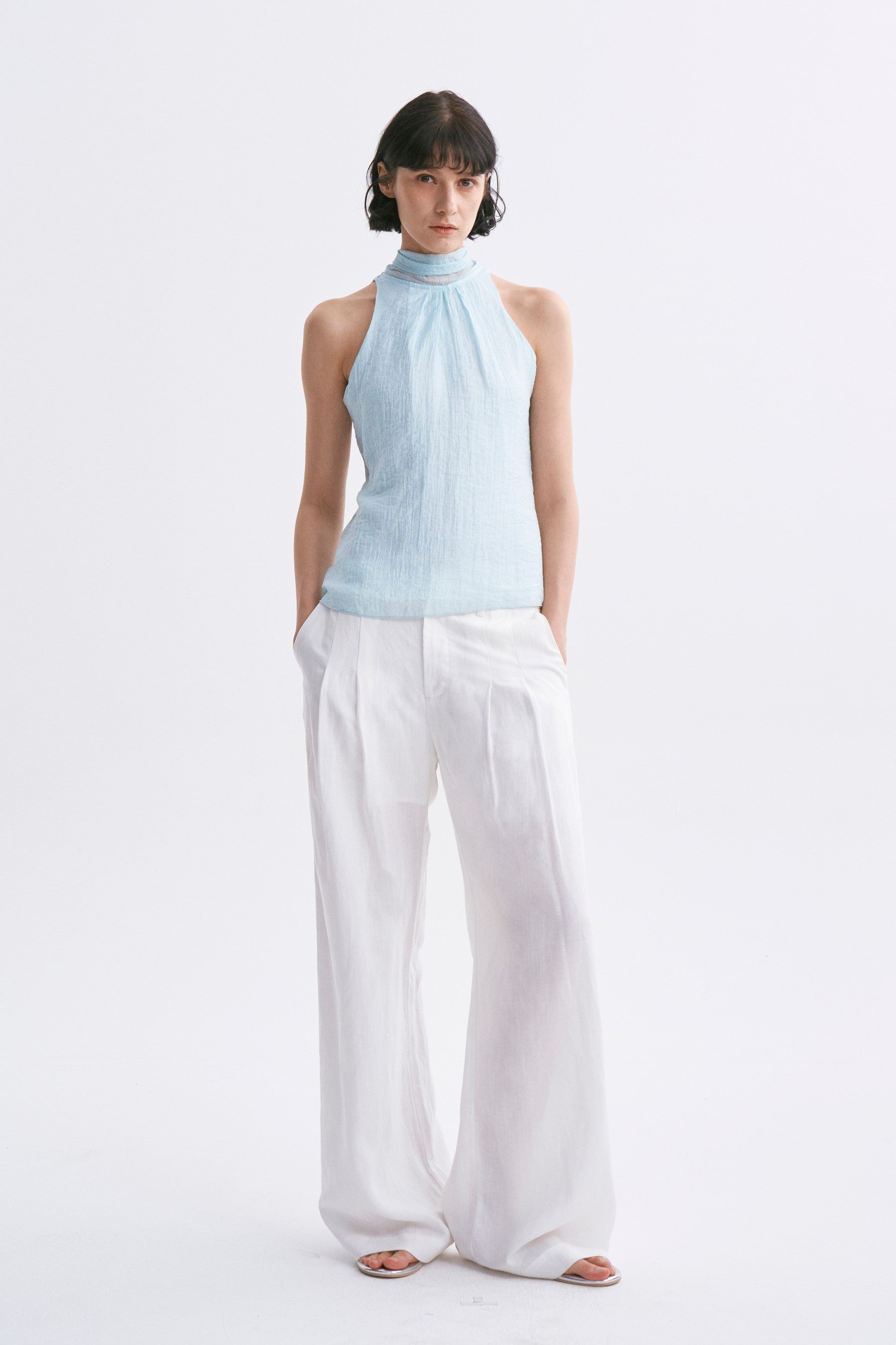 Mid-rise Linen Casual Pants White