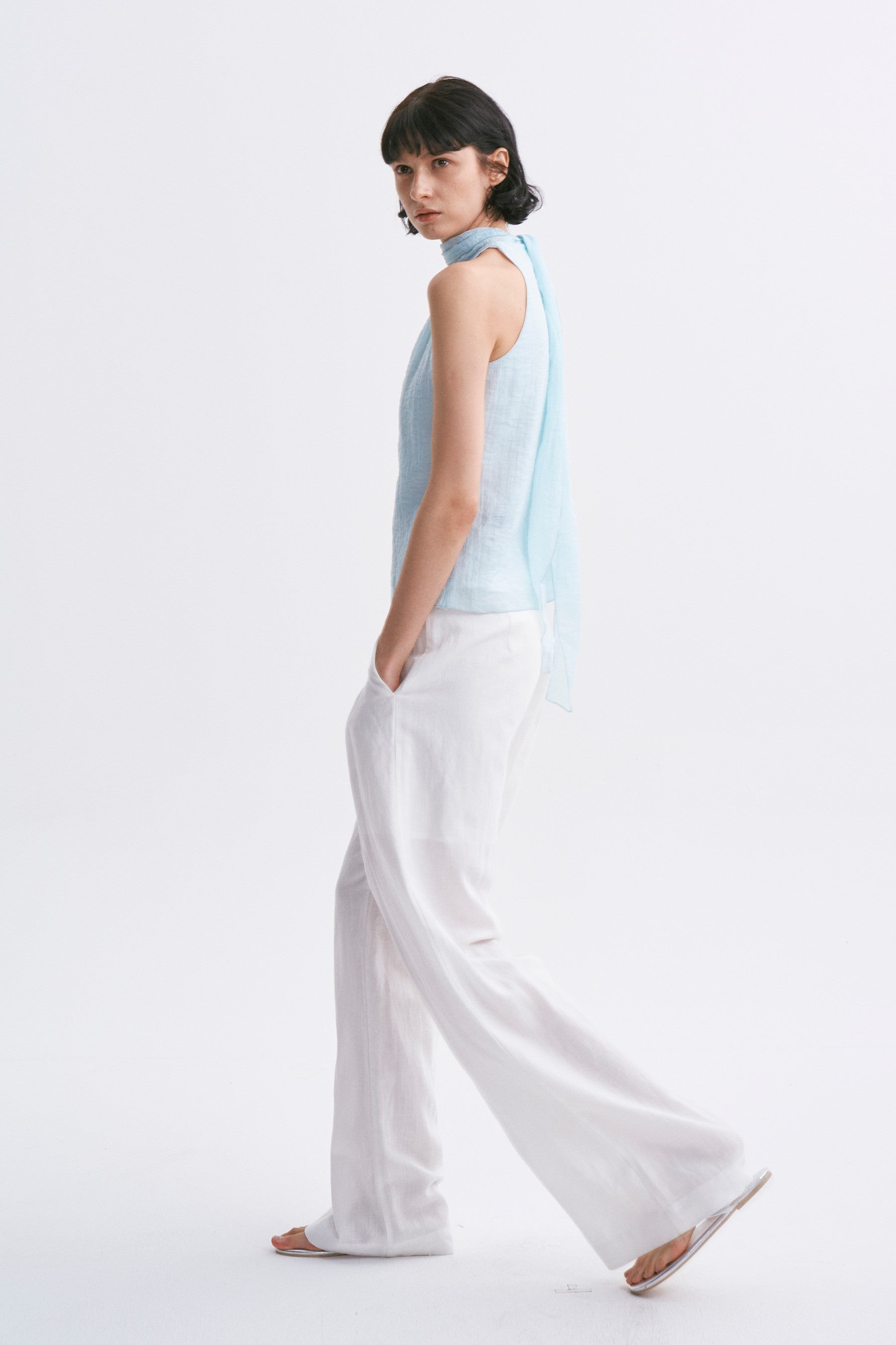 Stand Collar Wrap Tie Sleeveless Top Aqua Blue