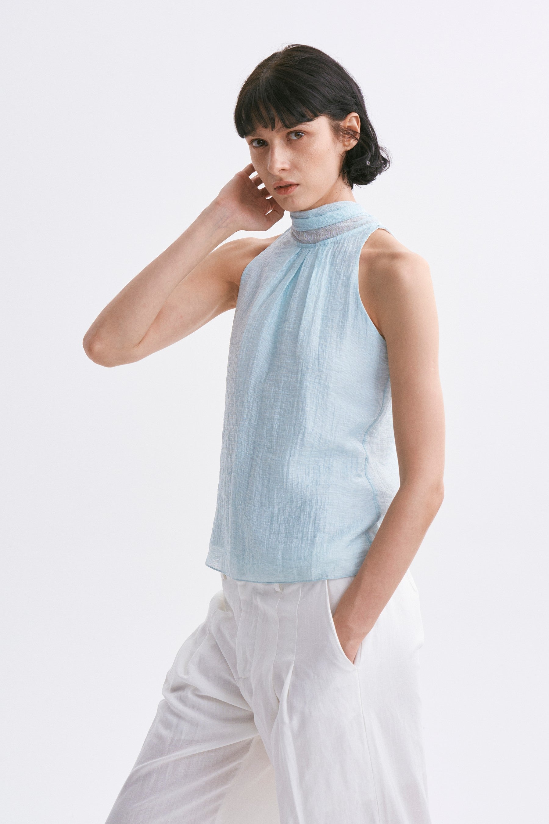 Stand Collar Wrap Tie Sleeveless Top Aqua Blue