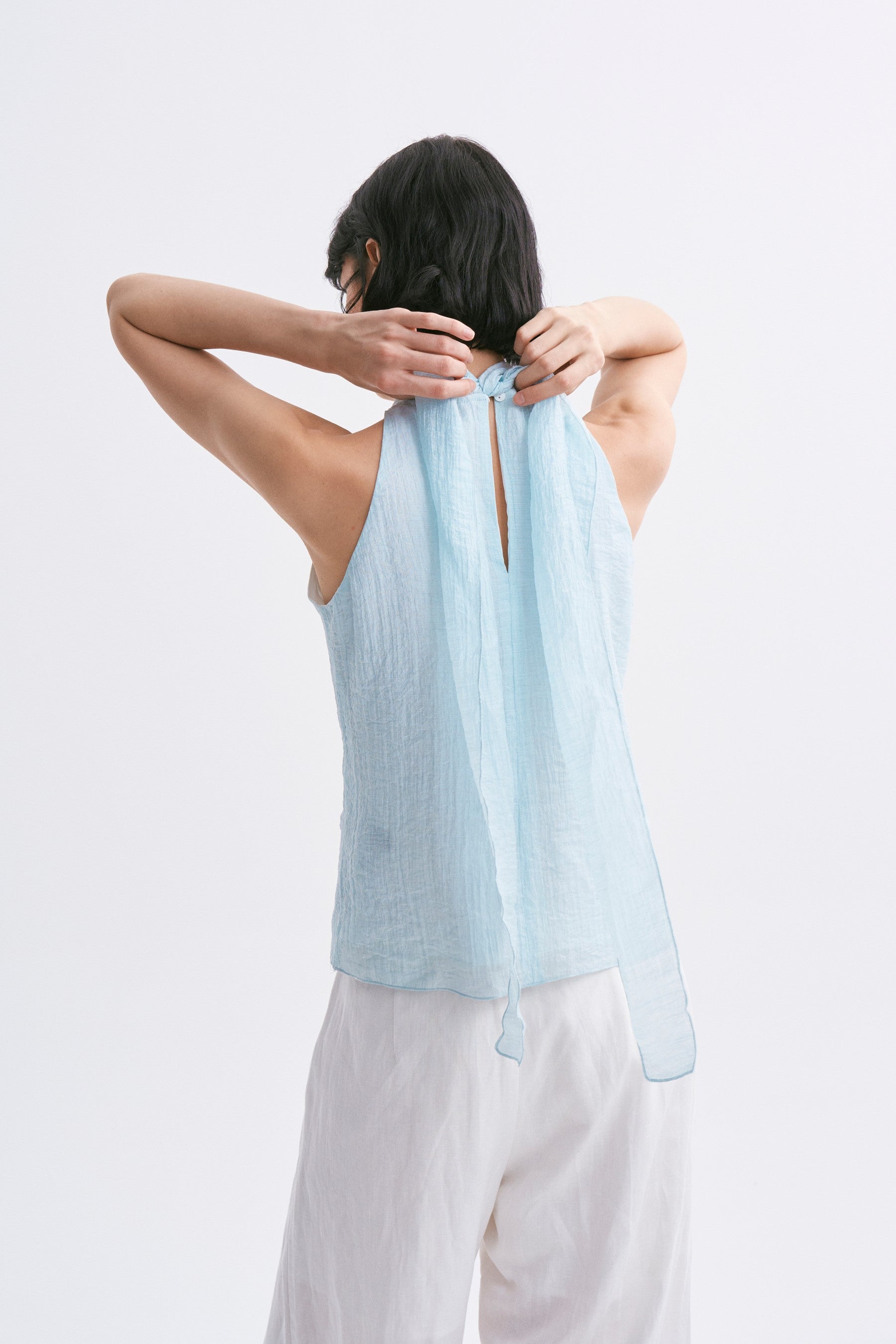 Stand Collar Wrap Tie Sleeveless Top Aqua Blue