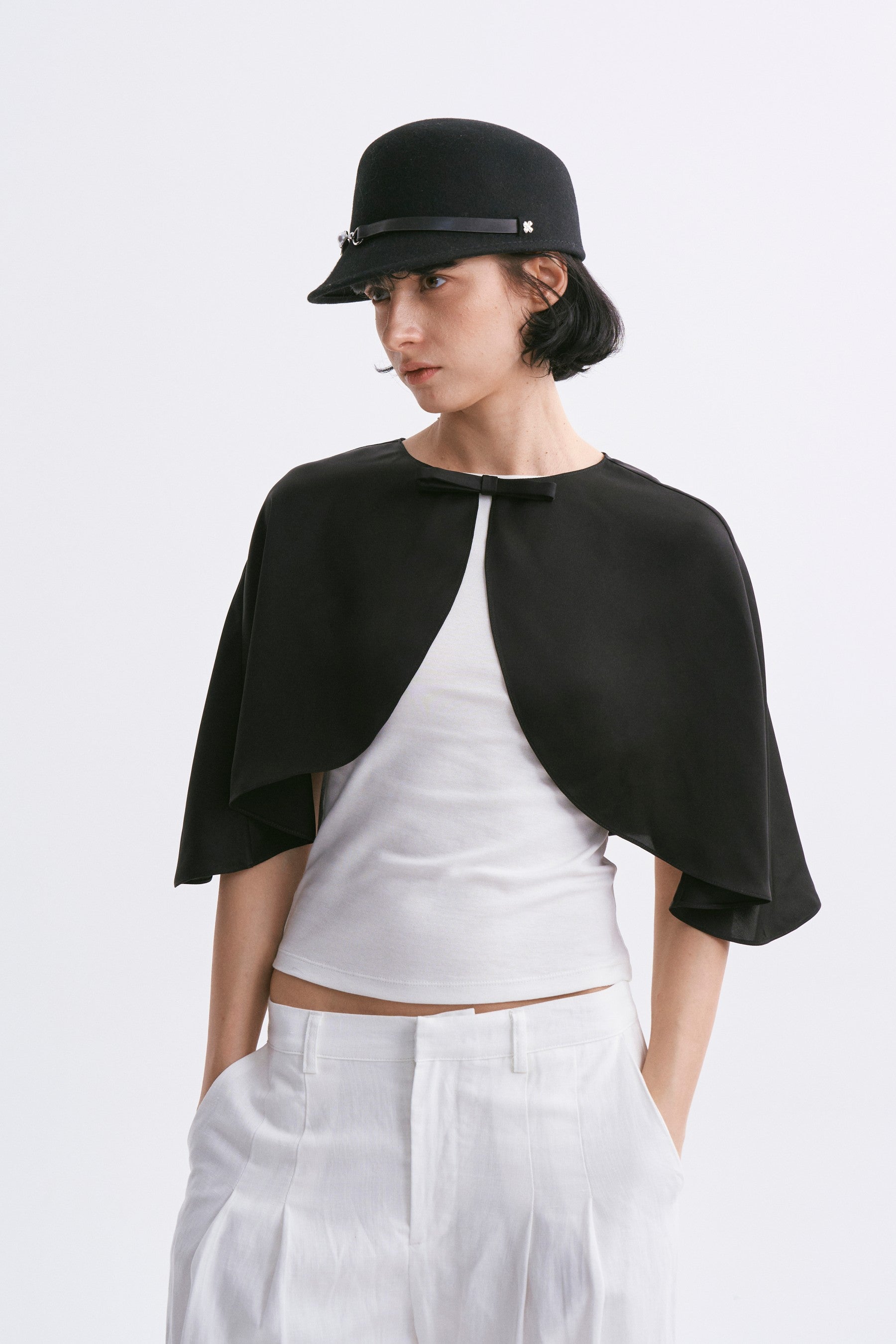 Satin Cropped Capelet Black