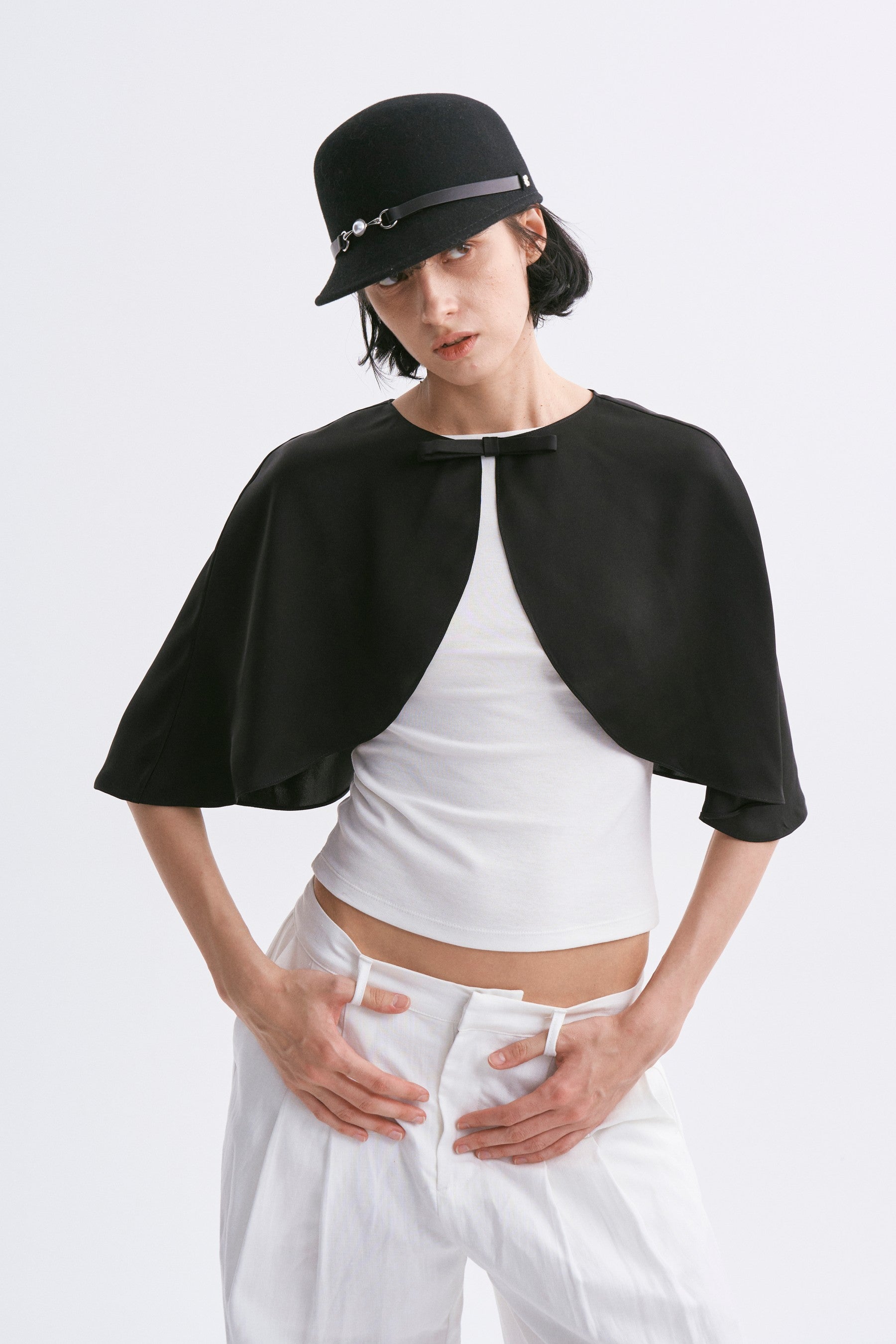 Satin Cropped Capelet Black