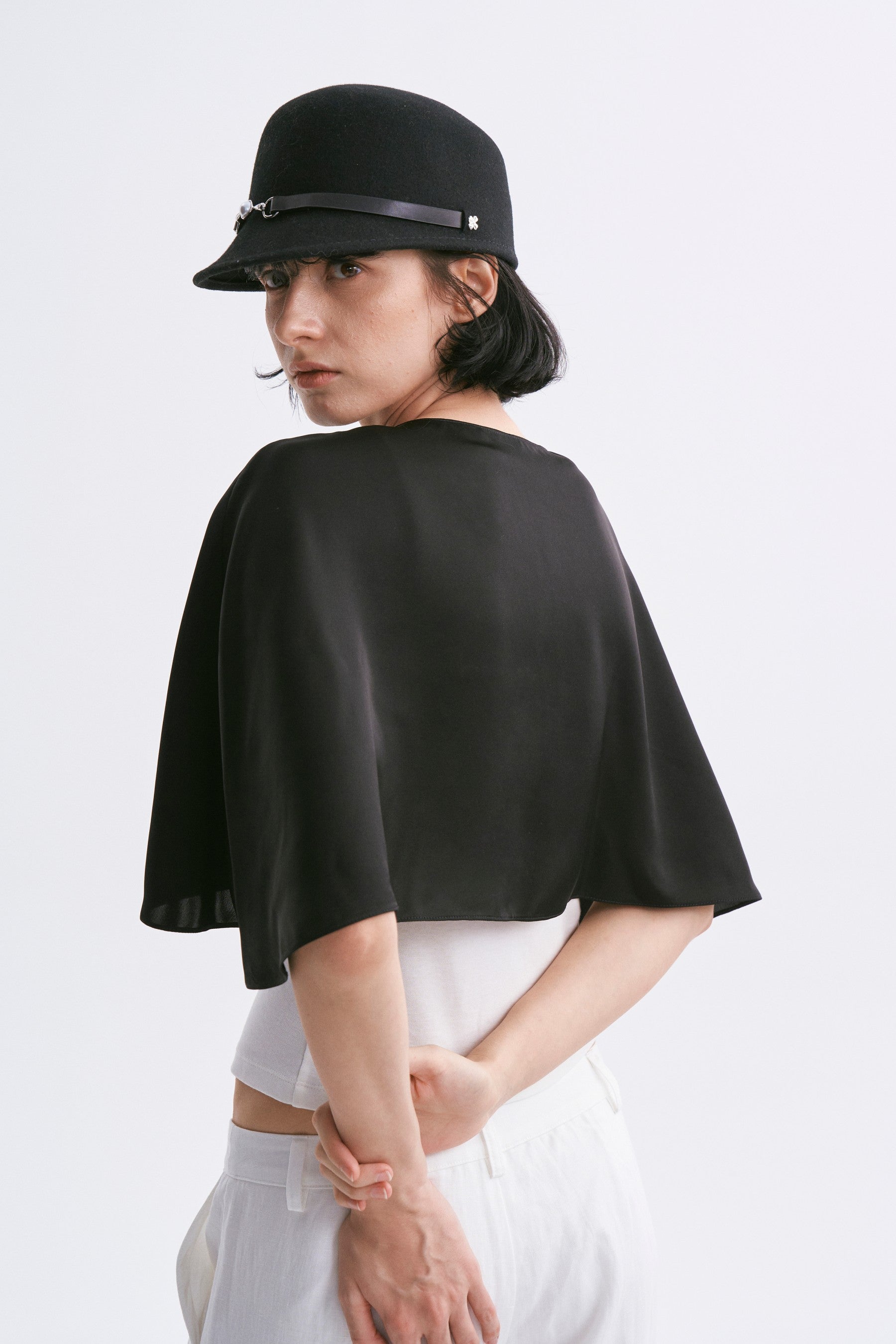Satin Cropped Capelet Black