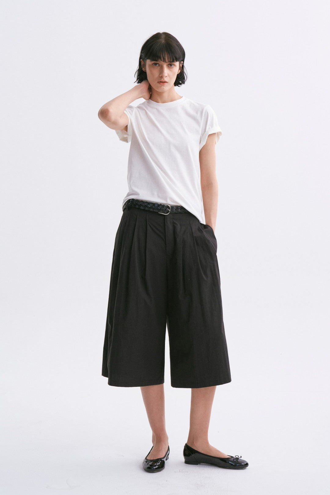 Linen-Cotton Rolled Sleeve T-Shirt, Slightly Loose Fit White