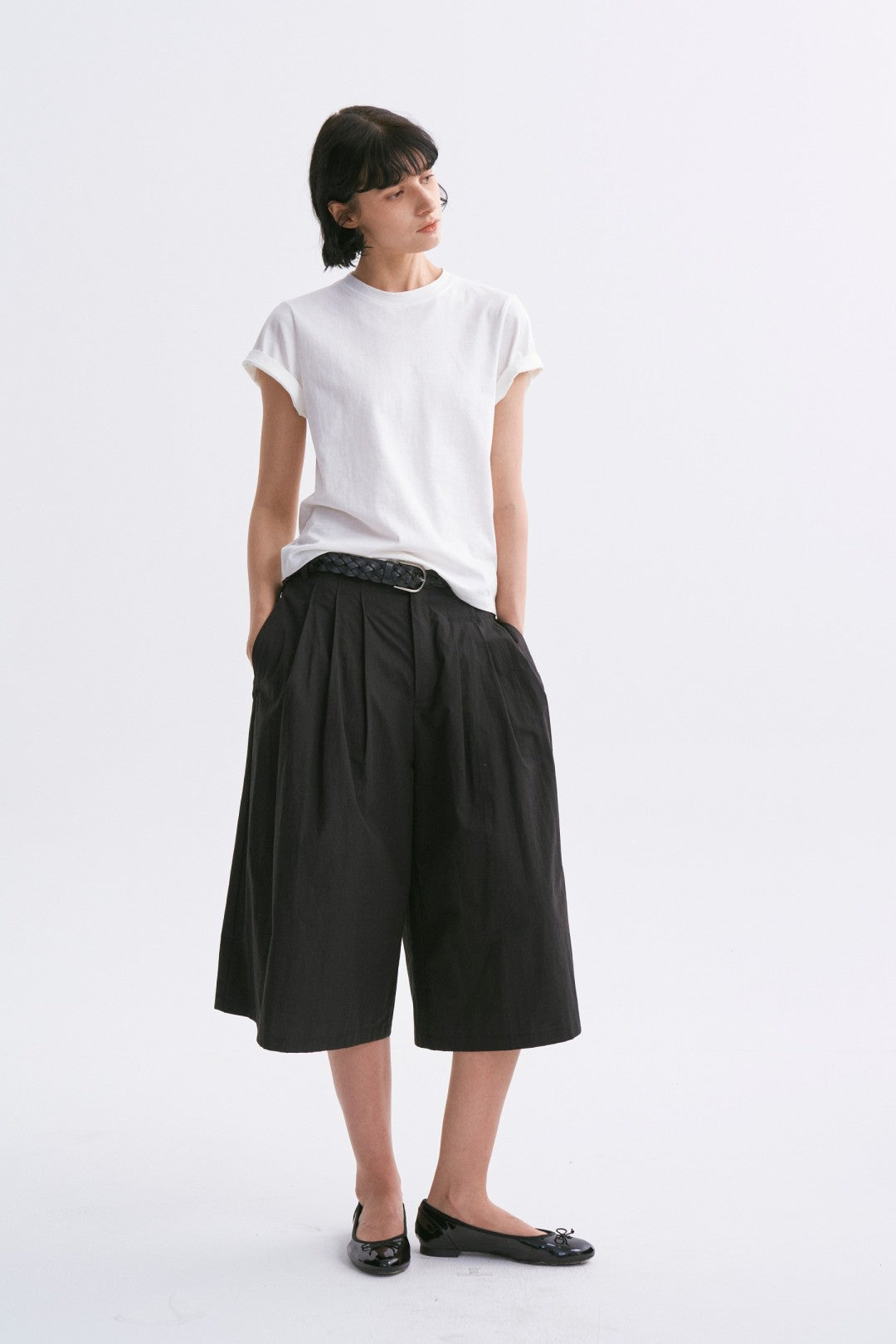 Linen-Cotton Rolled Sleeve T-Shirt, Slightly Loose Fit White