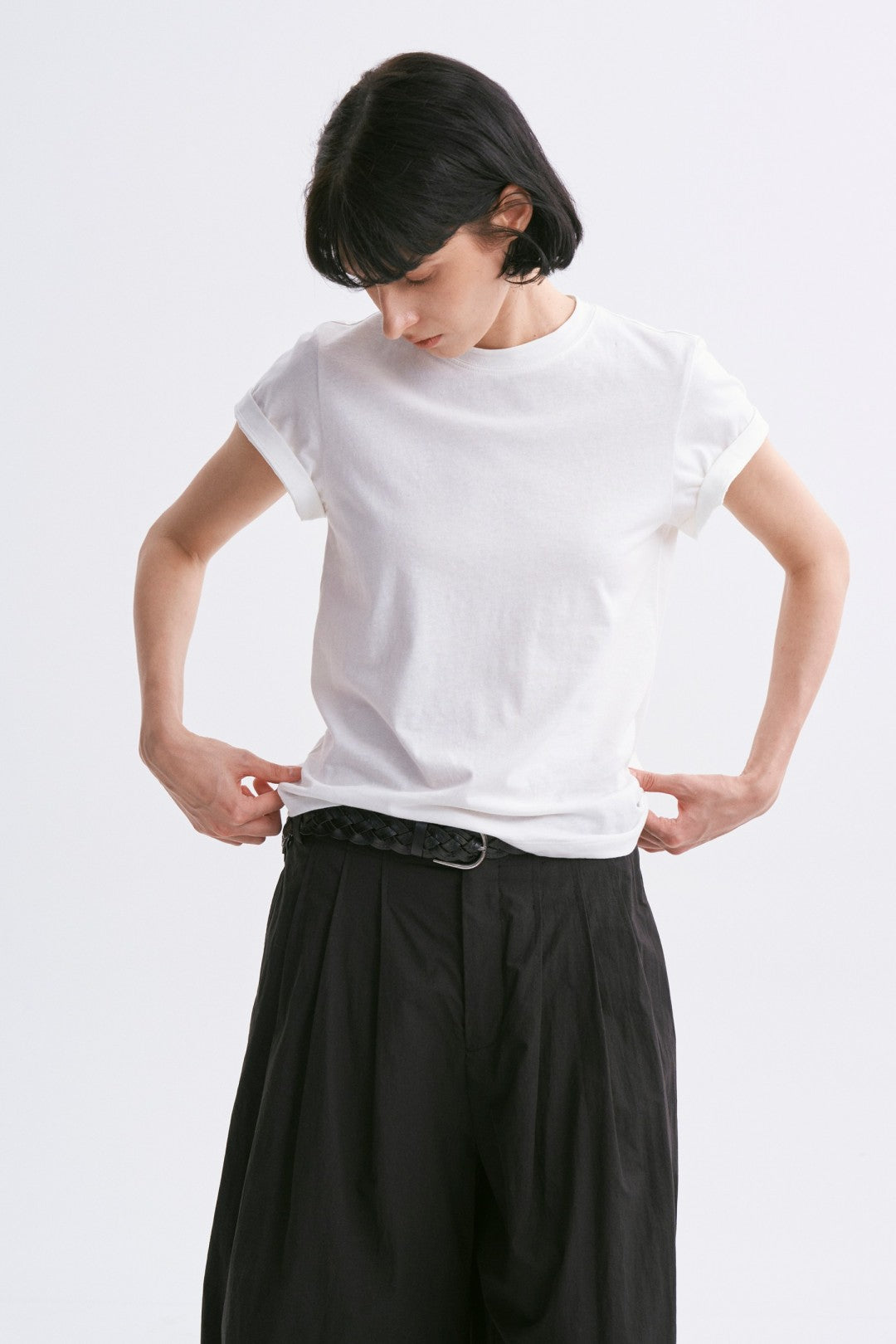 Linen-Cotton Rolled Sleeve T-Shirt, Slightly Loose Fit White