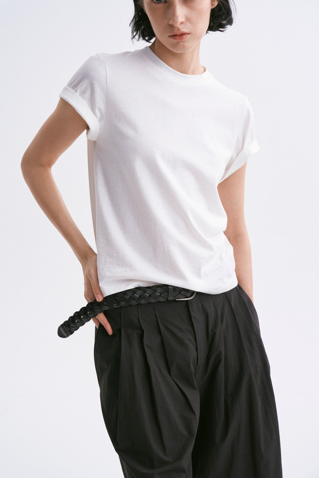 Linen-Cotton Rolled Sleeve T-Shirt, Slightly Loose Fit White