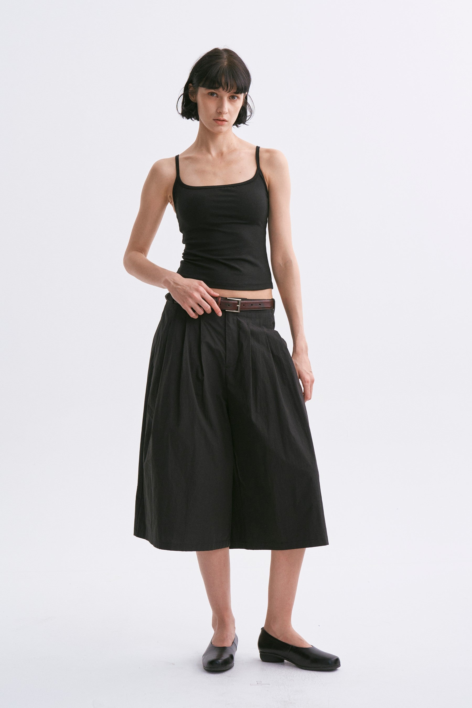 Mid-rise Tucked Wide-leg Pure Cotton Capri Pants Black