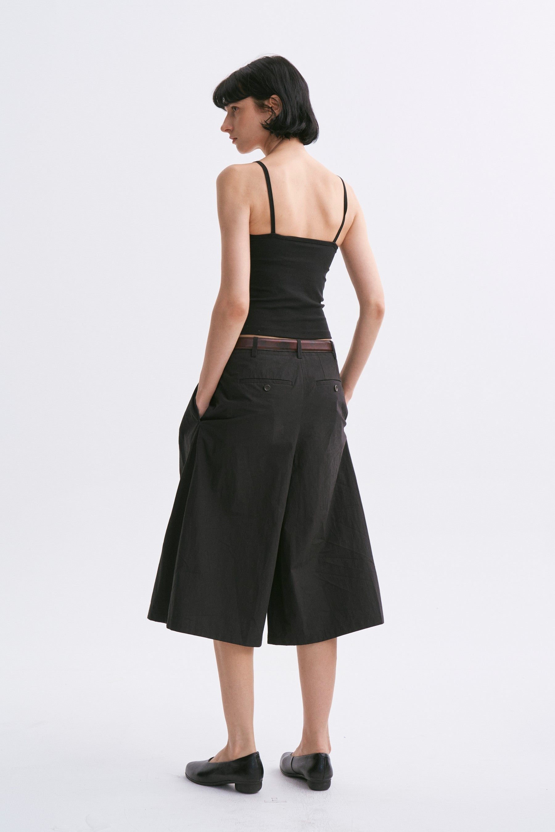 Mid-rise Tucked Wide-leg Pure Cotton Capri Pants Black