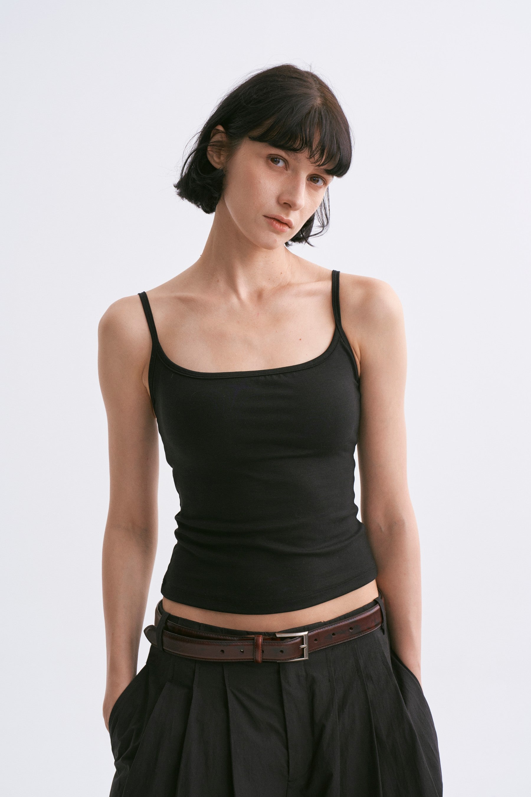 Deep U-Neck Thin Strap Padded Camisole Black