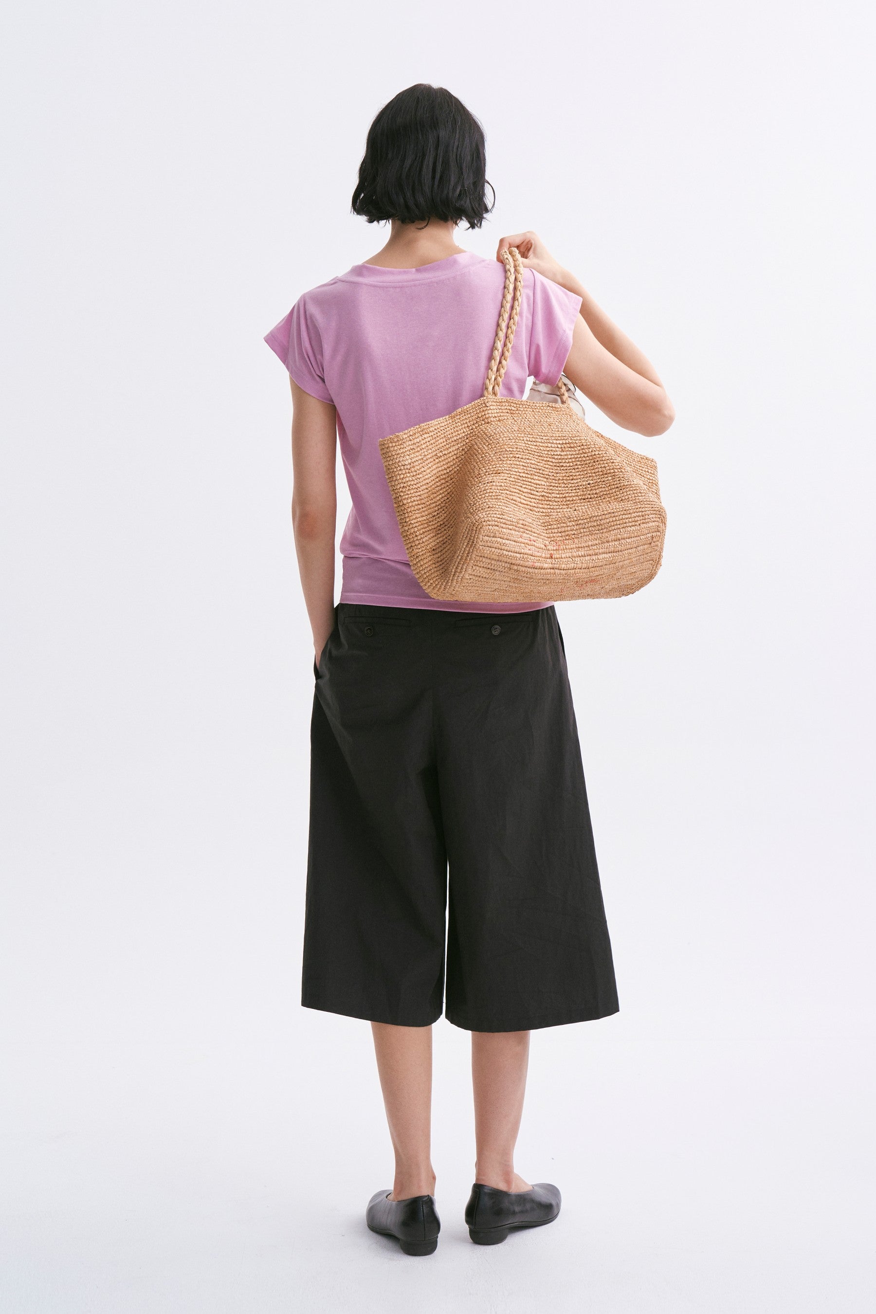 Mid-rise Tucked Wide-leg Pure Cotton Capri Pants Black