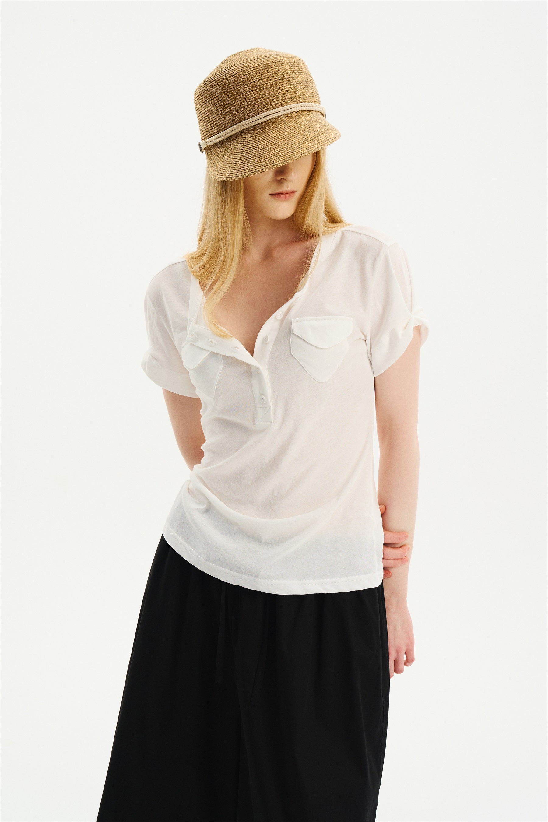 Lightweight Double-Pocket Henley T-Shirt White