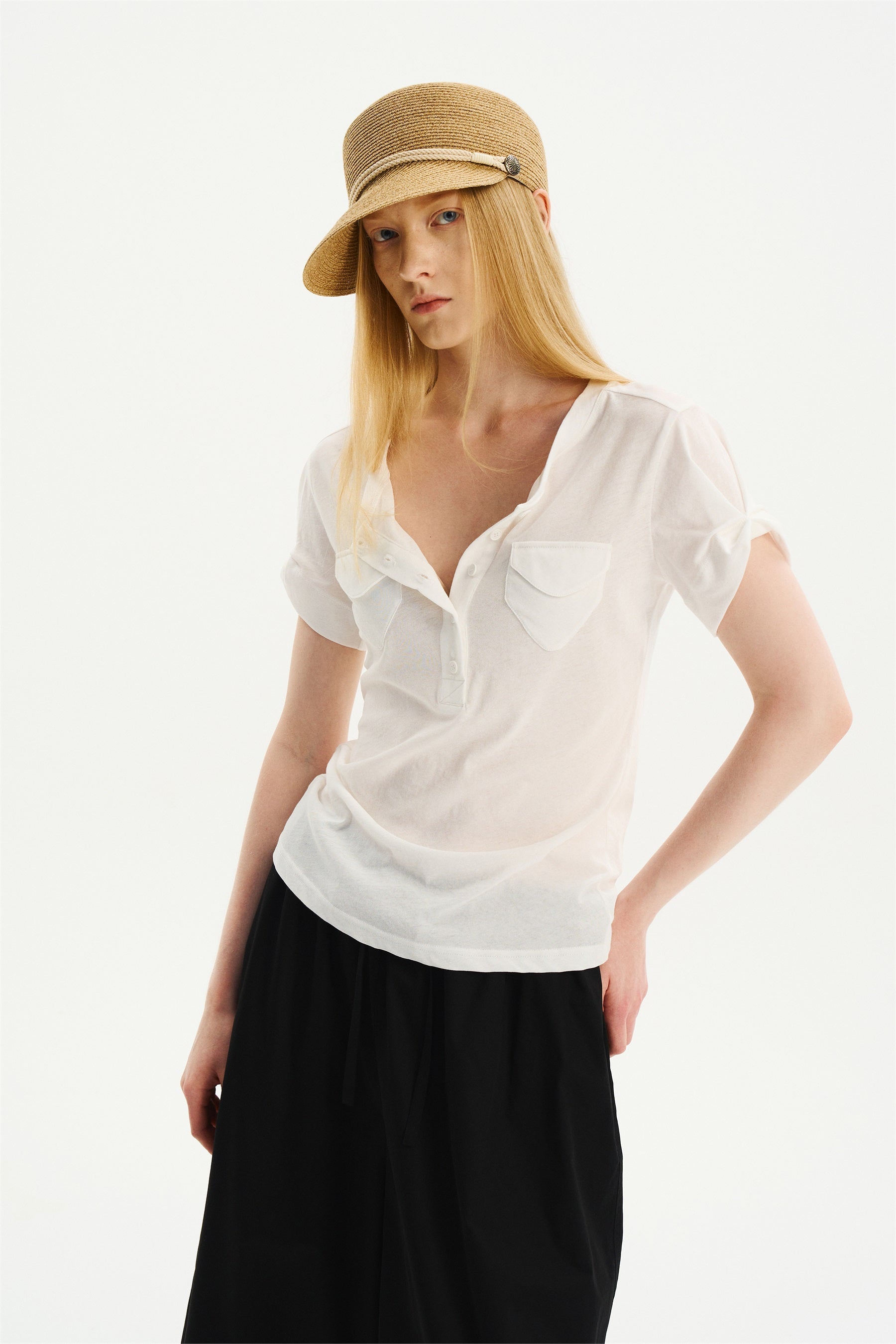 Lightweight Double-Pocket Henley T-Shirt White