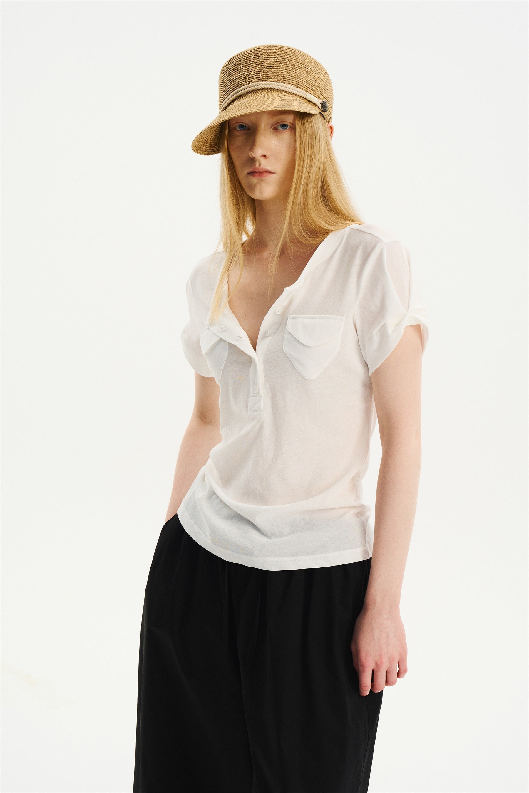 Lightweight Double-Pocket Henley T-Shirt White