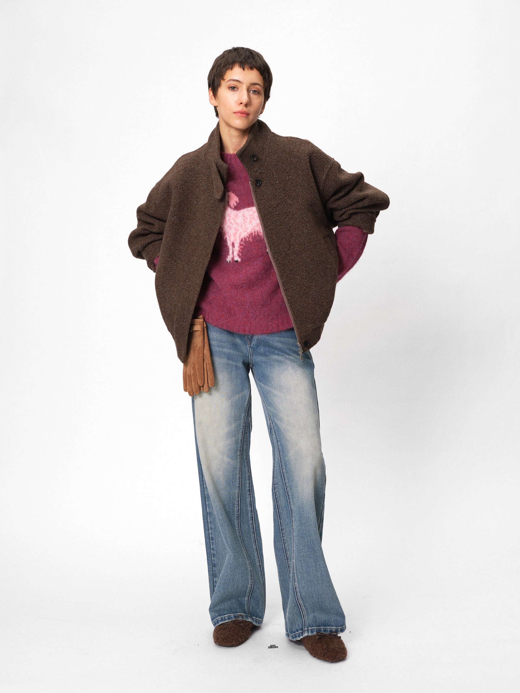Wool Blend Plush Loop Knit Stand Collar Oversized Jacket taupe