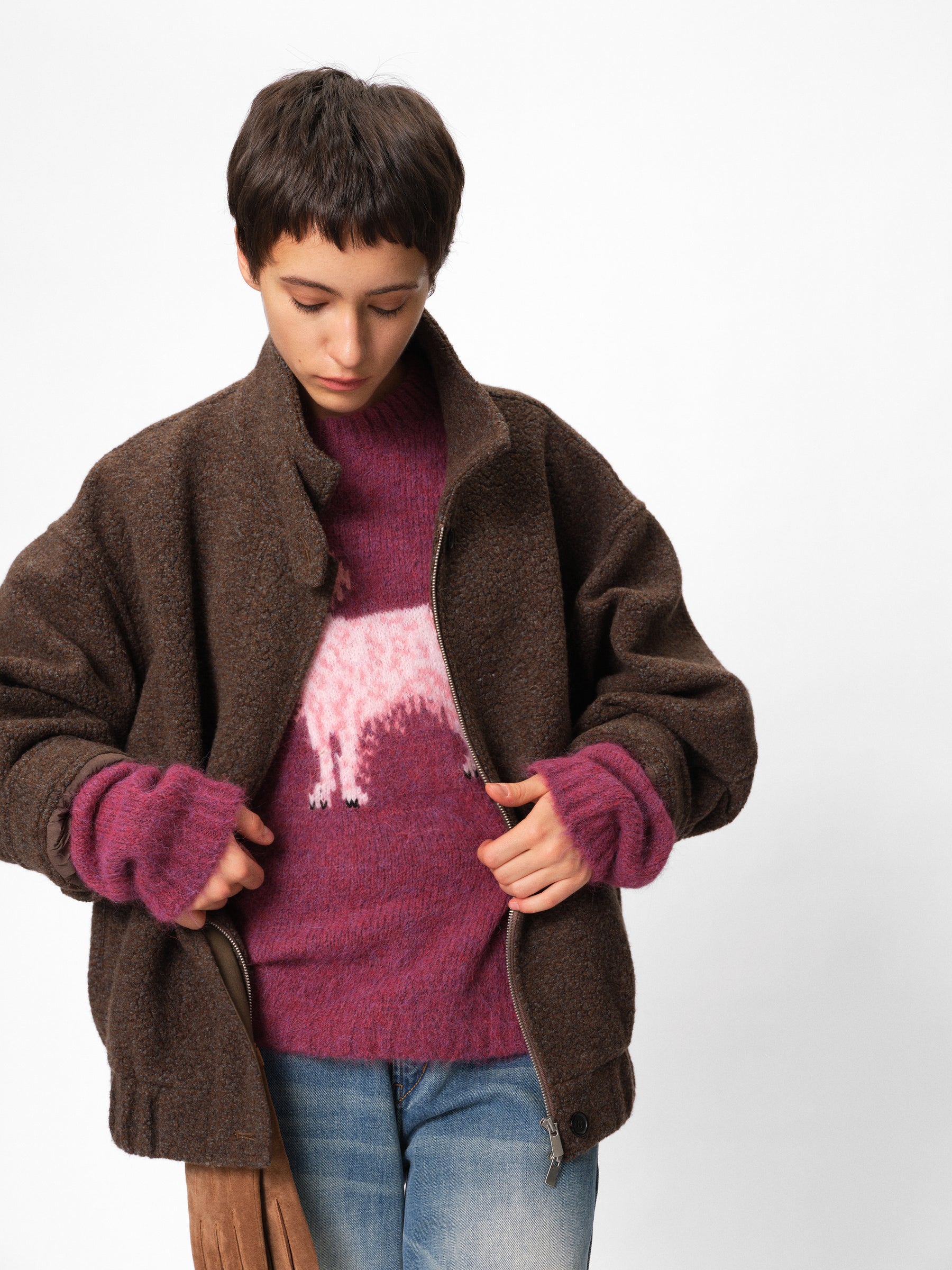 Wool Blend Plush Loop Knit Stand Collar Oversized Jacket taupe